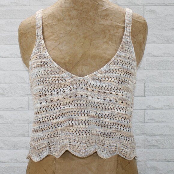 OLIVACEOUS Sweater Knit Top Cropped Sleeveless Neutral Tan Open Weave Summer Fal - Picture 1 of 13